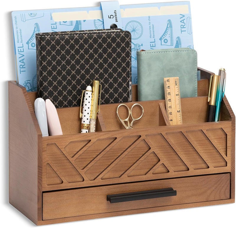 dreampossible Brown Wood Desk Organizer and Accessories with Drawer, Bill Mail Organizer and File Mail Holder for Office Supplies, Modern Desk Accessories & Workspace Organizers for Desk Organization - Image 1